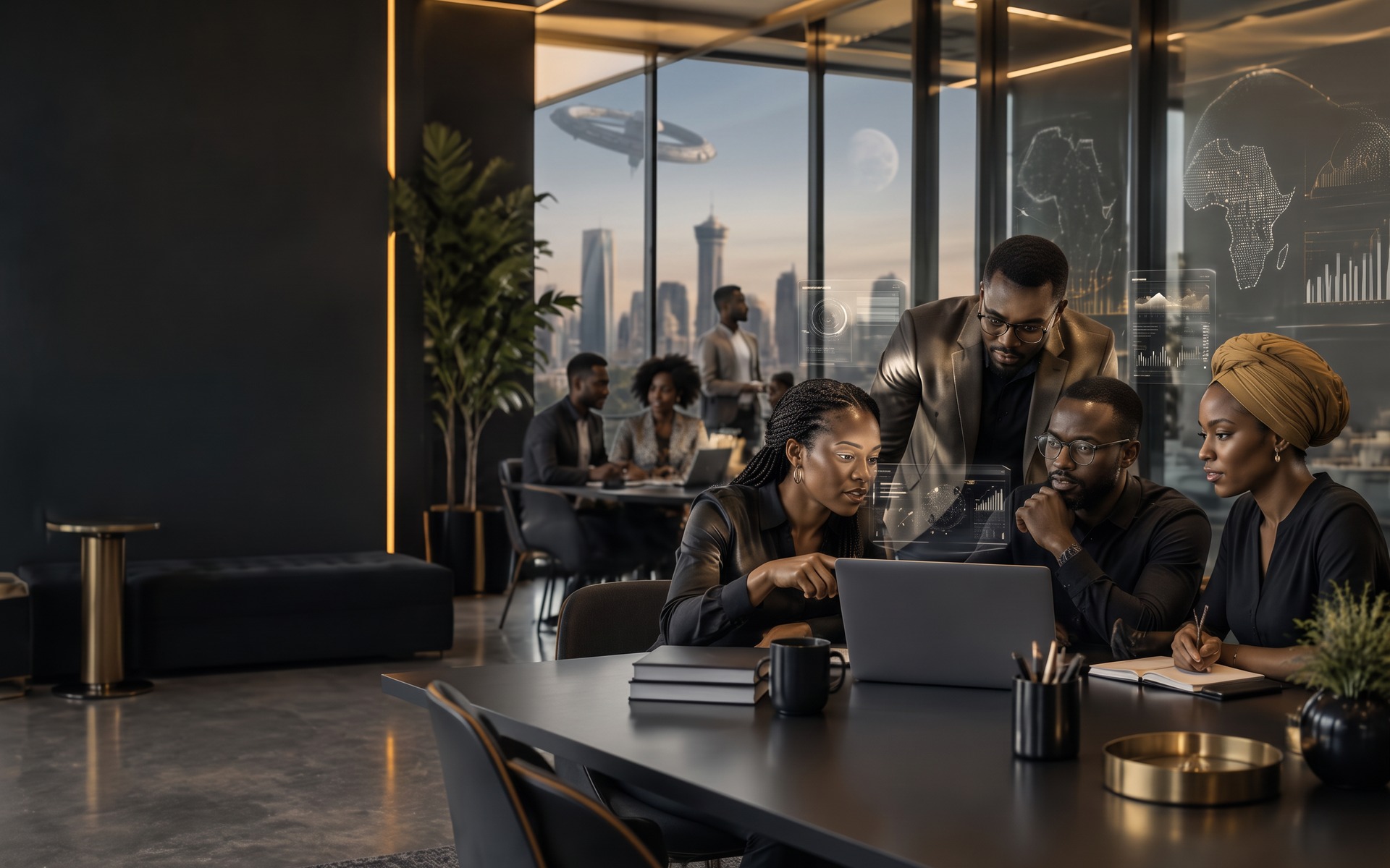 African professionals collaborating in an advanced AI learning institute of 2090